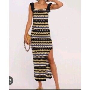 Heartloom Bennet Maxi Dress Navy Wave Chevron Pattern Ruffle Straps XSmall